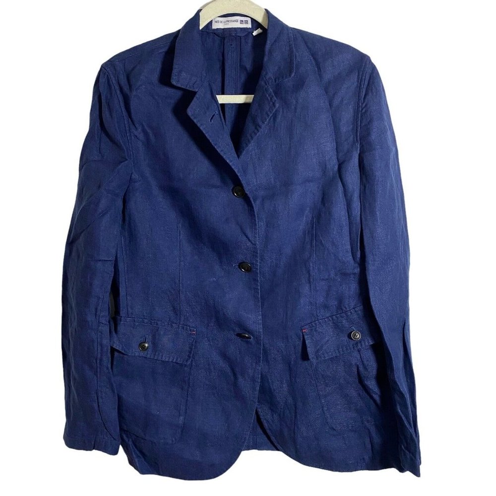 Ines De La Fressange Uniqlo 100% Linen Blazer Jacket 3 Button Navy Blue Medium
